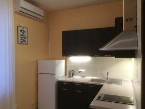 cocina con armarios negros y nevera blanca en Arkhitektorska Apartment, en Odessa