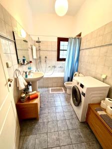 a bathroom with a washing machine and a washer at Electra Beach House in Chorefto