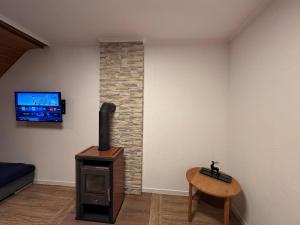 a living room with a wood stove and a tv at Unser Harztraum in Blankenburg +21 photos
