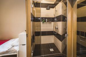 a shower with a glass door in a bathroom at Classical large apartment on Alberta street, FREE locked PARKING in Riga