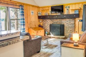 a living room with a fireplace and a tv at Lakefront Pearson Cottage with Swim Dock and Kayaks! in Pearson