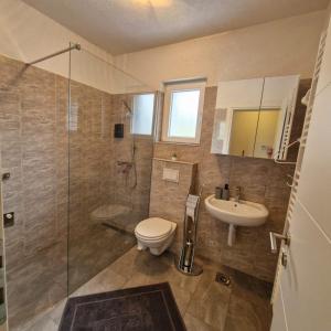 a bathroom with a toilet and a shower and a sink at Villa Natasa near Plitvice for 15 persons in Vrhovine
