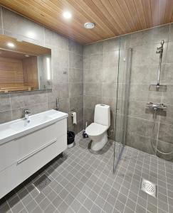 un bagno con wc, lavandino e doccia di Heim Apartments - Rivitalo a Seinäjoki