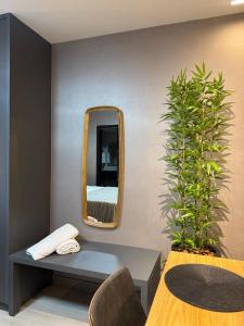 a room with a mirror and a table and a plant at Flat Crystal Place 209 in Goiânia +16 photos