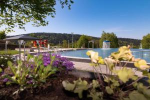 a swimming pool with flowers in the foreground at KOMFORTABLES HELLES 2-Zimmer-APPARTMENT in Waldkirchen