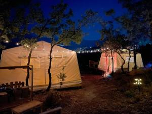 una tenda bianca in un cortile di notte di Sendyeneh tent for 4 