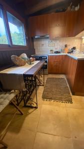 a kitchen with a table in the middle of it at Koti Mountain House in Litochoro +16 photos