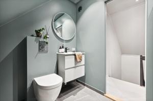 a bathroom with a white toilet and a mirror at Super family home - central location! in Oslo +12 photos