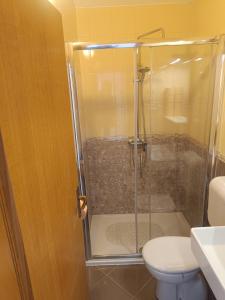 a bathroom with a shower with a toilet and a sink at Beach apartments Promajna in Promajna +46 photos