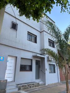 a white building with a door and a palm tree at Soya Departamentos PB A in Junín