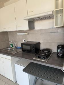a kitchen counter with a microwave and a sink at Grand appartement Le Prado avec terrasse in Montpellier