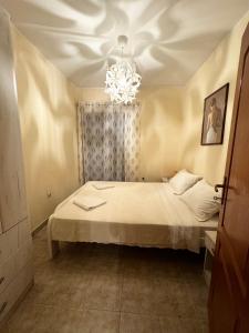 een slaapkamer met een bed en een kroonluchter bij Apartman Petar - Portonovi Đenovići in Ðenovići