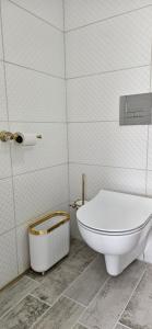 un bagno con un water bianco e un cestino della spazzatura di Vila Skodupė 
