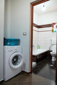 a bathroom with a washing machine and a bath tub at Gega's Apartment in Gjirokastër +35 photos