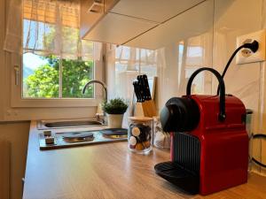 a red suitcase sitting on a counter in a kitchen at River 4-Kissed Retreat with Iconic Jungfraujoch View in Interlaken