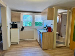 a small kitchen with a sink and a microwave at River 4-Kissed Retreat with Iconic Jungfraujoch View in Interlaken