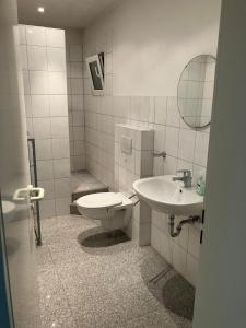 a bathroom with a toilet and a sink at Taunus Wohnen und Arbeiten mit eigener Terrasse in Friedrichsdorf