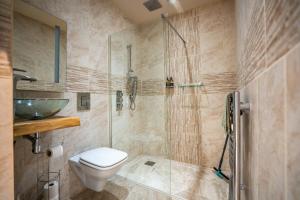 a bathroom with a toilet and a glass shower at Rosemary Lodge 2BR with Hot Tub and Sauna near Black Mountain in Garnant +25 photos