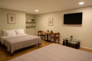 a bedroom with a bed and a flat screen tv at Hostel Villarrica Express in Villarrica