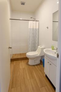 un bagno bianco con un water e un lavandino di Hostal Villarrica Express a Villarrica