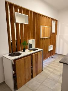 a kitchen with two sinks and wooden walls at Monoambiente Guemes PB para 2 personas in San Fernando del Valle de Catamarca