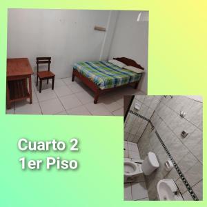 イキトスにあるEdificio Bagazanのベッドルーム1室(ベッド1台、トイレ、テーブル付)