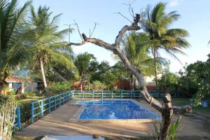 een zwembad met een boom naast een hek bij Sítio em Barra de Jacuípe in Camaçari