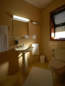 uma casa de banho com um lavatório, um WC e um espelho. em Hotel O Cortiço em Sever do Vouga