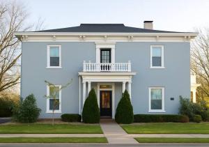 a blue house with a white front door and a porch at Suite 3 Eighteen in Shelbyville