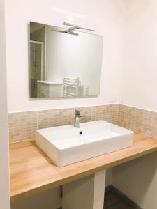 a bathroom with a white sink and a mirror at Appartement au Cœur de Poligny in Poligny