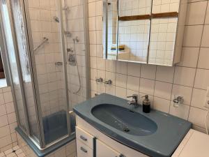 フューゲンにあるApartment in Fügen near Spieljoch Cable Carのバスルーム(青いシンク、シャワー付) +30枚の写真