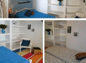 three pictures of a bedroom with a bed and shelves at Pousada 100 Passos in Tamandaré