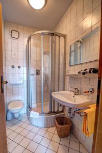 La salle de bains est pourvue d'une douche, d'un lavabo et de toilettes. dans l'établissement Hotel Huber, à Moosburg an der Isar