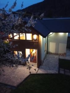 a house at night with a tree in front of it at Domek Pod Czereśnią in Szczawnica