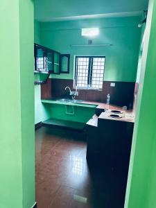 a kitchen with green walls and a sink and a counter at EV7 Stays in Trichūr
