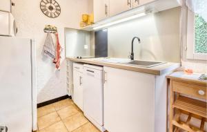 une petite cuisine avec un évier et un réfrigérateur dans l'établissement Charmante Maison À La Campagne, à Saint-Crépin-et-Carlucet