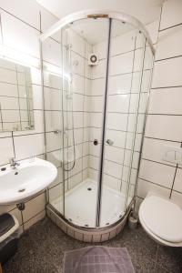 a bathroom with a shower and a sink and a toilet at Hotel Burghof in Stolberg