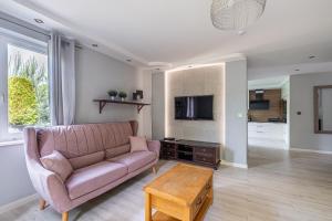 een woonkamer met een bank en een tv bij Sunny Sobieszewo in Gdańsk