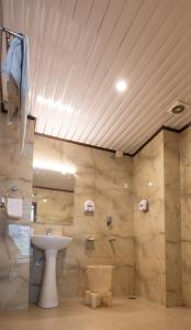 a bathroom with a sink and a toilet at Himalayan Spurge Villa in Manāli