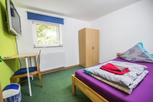 a bedroom with a bed and a desk and a television at Hotel Burghof in Stolberg