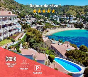罗萨斯Panoramic Cala Canyelles, Pool的享有带游泳池和海滩的度假村景色