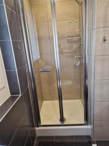 a shower with a glass door in a bathroom at Modern Central Apartments near Hbf & Messe Essen in Essen