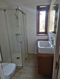 a bathroom with a glass shower and a sink at El Puyal de Benas in Benasque +15 photos