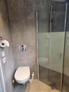 a bathroom with a toilet and a glass shower at Central Åhus H Guest House in Åhus +1 photo