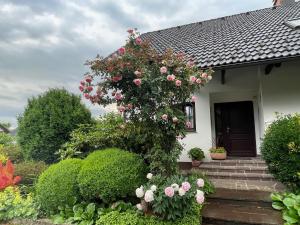 a house with a flowering tree on the stairs at Pleasant Apartments in Bled