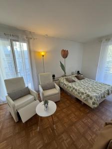 ein Schlafzimmer mit einem Bett und zwei Stühlen und einem Tisch in der Unterkunft Studio tout équipé face aux thermes in Amélie-les-Bains-Palalda