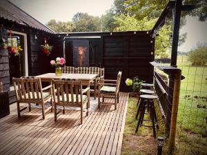 a wooden deck with a table and chairs on it at Retraitre bij de brug in Zuidveld
