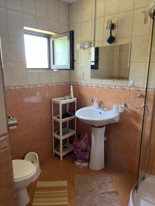 a bathroom with a sink and a toilet and a mirror at The Byala Escape, Private Villa with Bar & Hot Tub in Byala