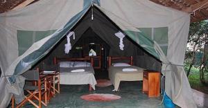 a tent with two beds and a desk in it at Mara green camp in Masai Mara