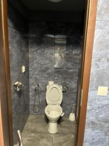 a bathroom with a toilet and a shower at The Byala Escape, Private Villa with Bar & Hot Tub in Byala